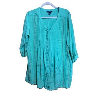 Roaman's Womens Plus Size 18W Green Pintucked Eyelet Button Up Blouse Top
